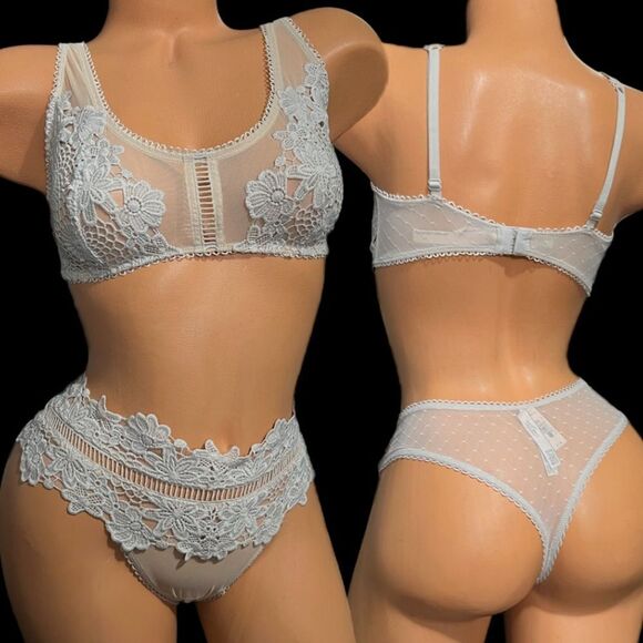 Victorias Secret set Dream Angels Mesh Floral Aplique bralette M & panty L Gray - Picture 1 of 10